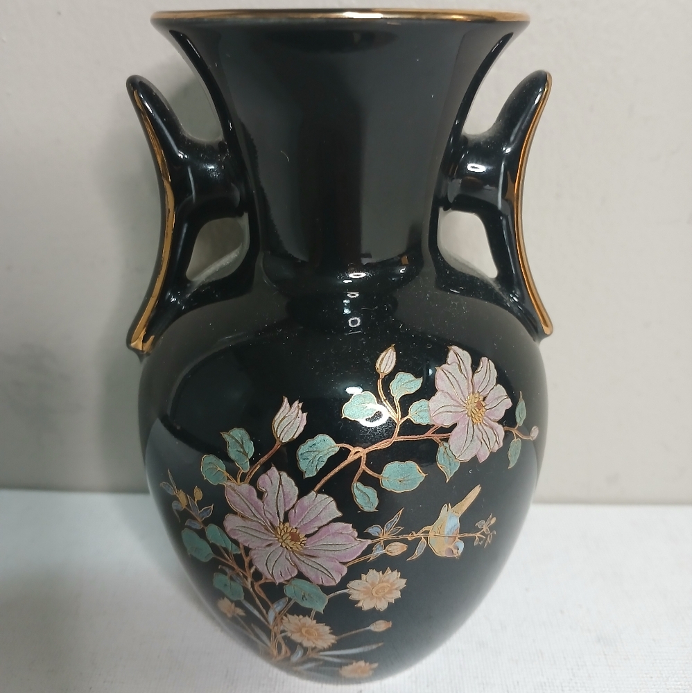 Vintage 1980s Japanese small porcelain black floral vase with gold rim and on ha